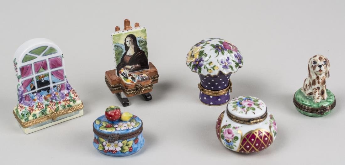 Group of Six Limoges Porcelain Trinket Boxes: Various styles and sizes. Notice to bidders: Condition reports and additional photographs are provided by request as a courtesy to our clients, as such any condition report is only an opinion and shou