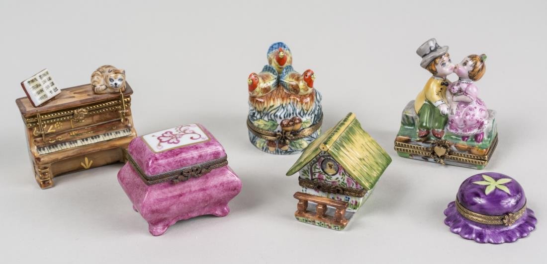 Group of Six Limoges Porcelain Trinket Boxes: Various styles and sizes. Notice to bidders: Condition reports and additional photographs are provided by request as a courtesy to our clients, as such any condition report is only an opinion and shou
