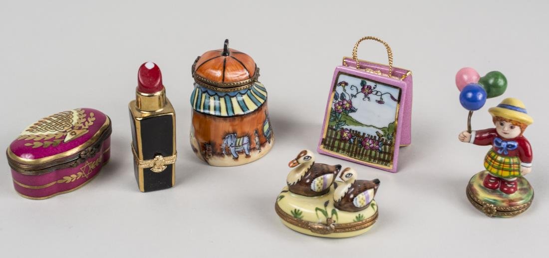 Five Limoges Porcelain Trinket Boxes: Various styles and sizes.NOTE: Box with menorah has been removed from lot. Notice to bidders: Condition reports and additional photographs are provided by request as a courtesy to our clients, as such