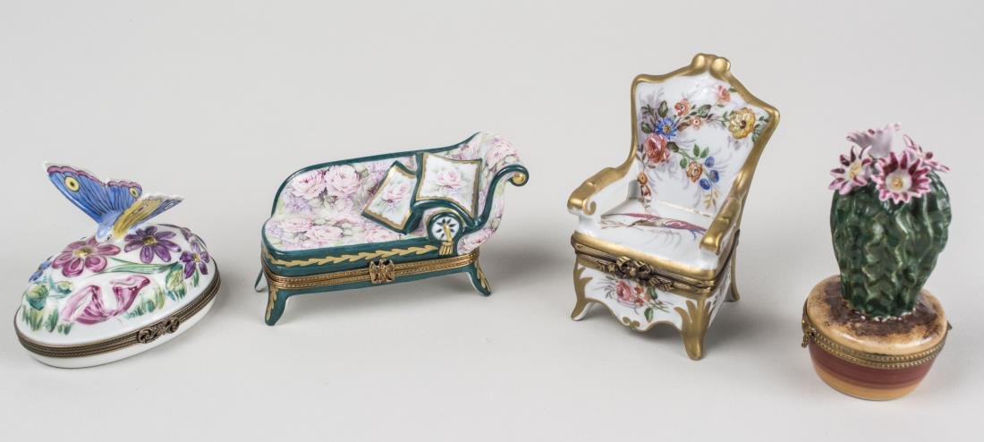 Group of Four Limoges Porcelain Trinket Boxes: Various styles and sizes. Notice to bidders: Condition reports and additional photographs are provided by request as a courtesy to our clients, as such any condition report is only an opinion and shou
