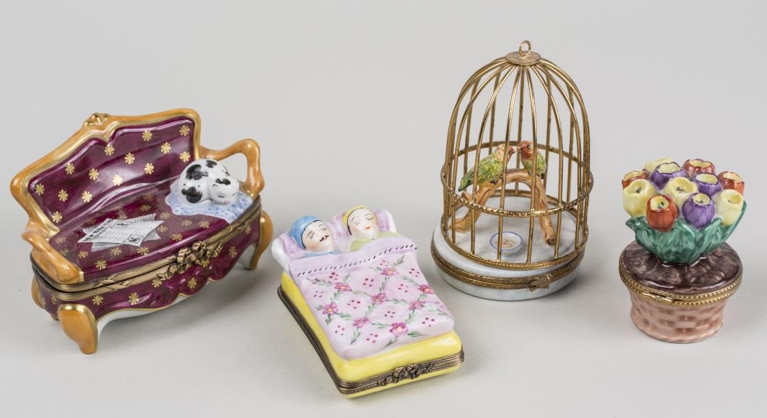 Group of Four Limoges Porcelain Trinket Boxes: Various styles and sizes. Notice to bidders: Condition reports and additional photographs are provided by request as a courtesy to our clients, as such any condition report is only an opinion and shou