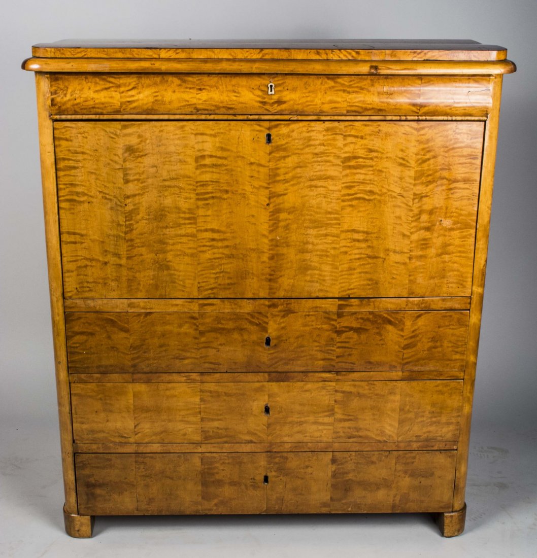 Biedermeier Burl Wood Secretary *: Rectangular top over a convex map drawer and fall front desk opening to a fitted interior, above three drawers, block feet. Height 52 inches, width 46 inches, depth 20 inches. Notice to bidders: Condi