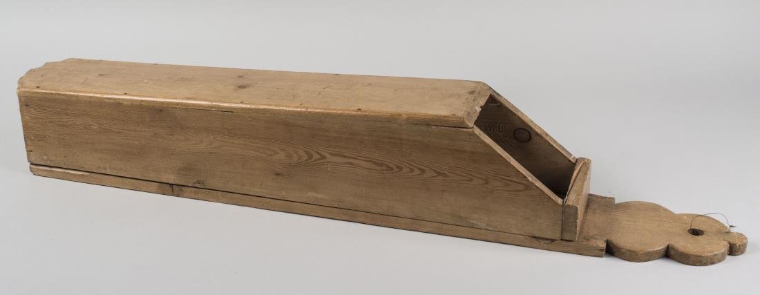 Pine Bread Box: Height 35 inches, width 6 inches. Notice to bidders: Condition reports and additional photographs are provided by request as a courtesy to our clients, as such any condition report is only an opinion 
