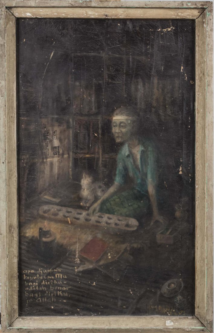 Unknown Artist, 20th Indonesian School: Old man playing a game in a dark room. Oil on canvas, 20th century. Signed illegibly (LR) and inscribed illegibly (LL). Frame size 33.5 x 21.5 inches, sight size 31.5 x 19.5 inches. Condition note: Lo