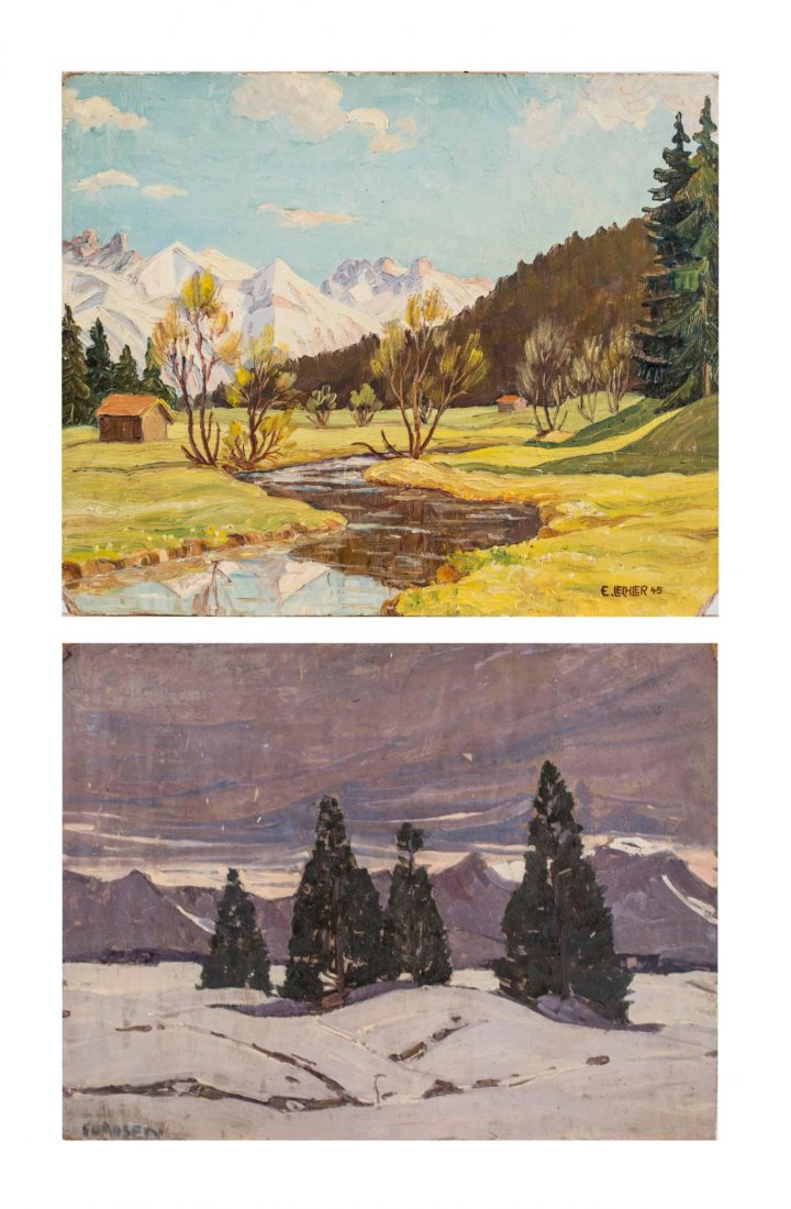 Two Landscape Paintings (20th Century): Evergreen trees in winter landscape. Oil on masonite, 20th century. Signed Fc. Rosen (LL). Art size 17 x 22 inches. Bavarian Alps. Oil on masonite, 1945. Signed E.Lelher and dated '45 (LR). Insribed i