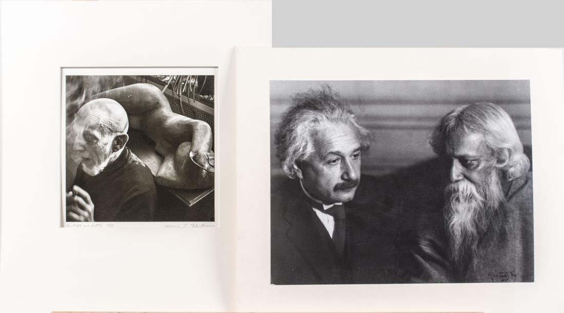 Two Vintage Photographs (one with Einstein): Two vintage photograph including, Einstein sitting with a bearded man and another titled 'Rudolph & The Statue, 1980.' Silver gelatin prints mounted on cardboard, mid-late 20th century. Both signed, o
