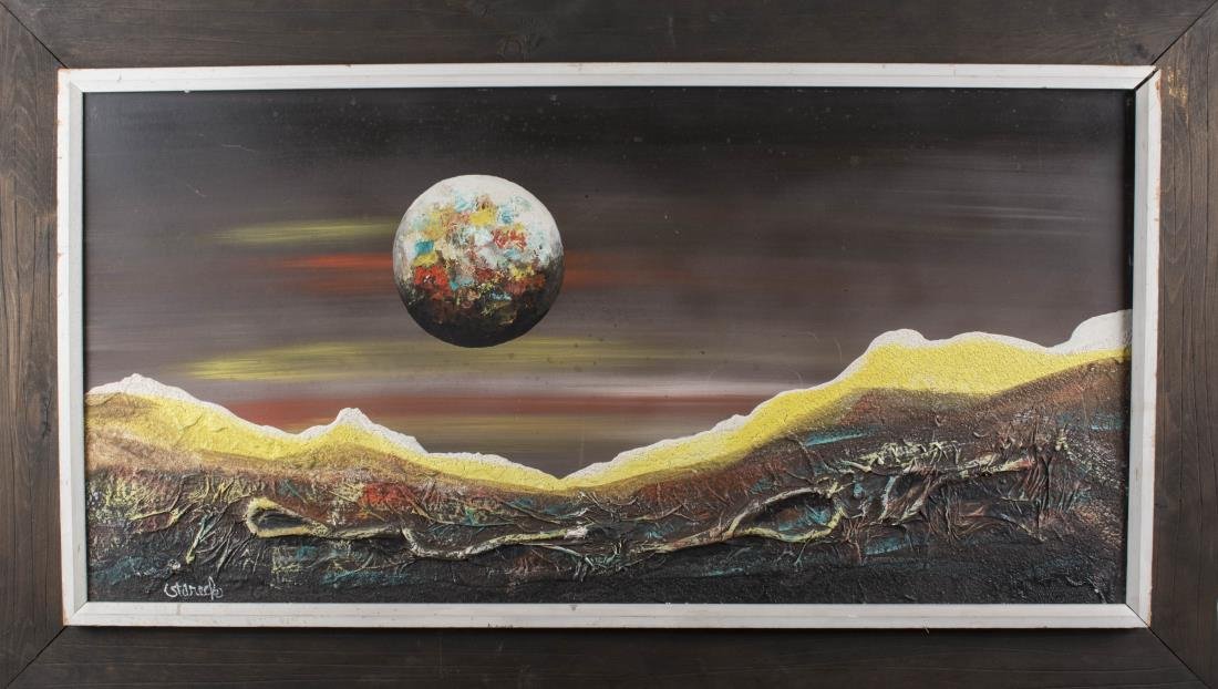 Edgar Stareck (American, 1917-1987): Science fiction. Acrylic on board. Sight size 19 x 40 inches, frame size 22 x 47 inches. Framed. Notice to bidders: Condition reports and additional photographs are provided by request as a courtesy t