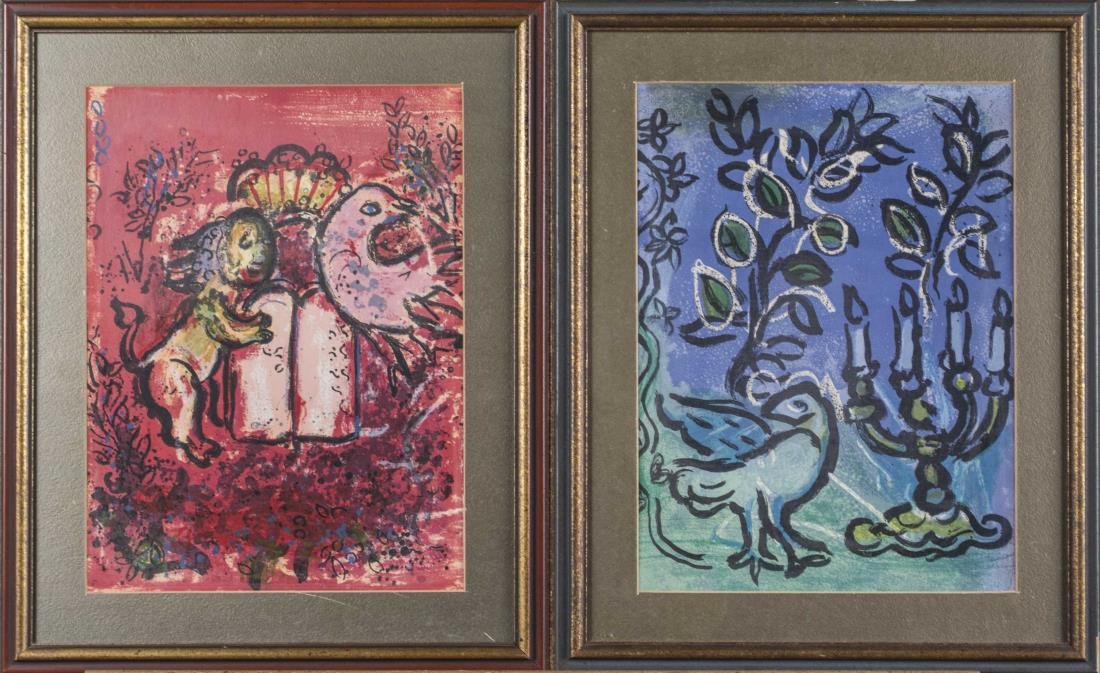 Two Prints After Marc Chagall: The Tablets of Law and The Candlestick from Jerusalem Windows. Lithographs. Frame size 17 x 13.5 inches. sight size 12 x 19 inches (each). Framed. Notice to bidders: Condition reports and additional p