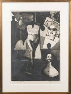 Walter Rogalski ( American, 1923-1996): The Image Maker. Etching, 1965. Signed and dated (LR), titled (LL). Sight size 25 x 17.2 inches, frame size 32.2 x 24 inches. Framed. Notice to bidders: Condition reports and additional photographs ar