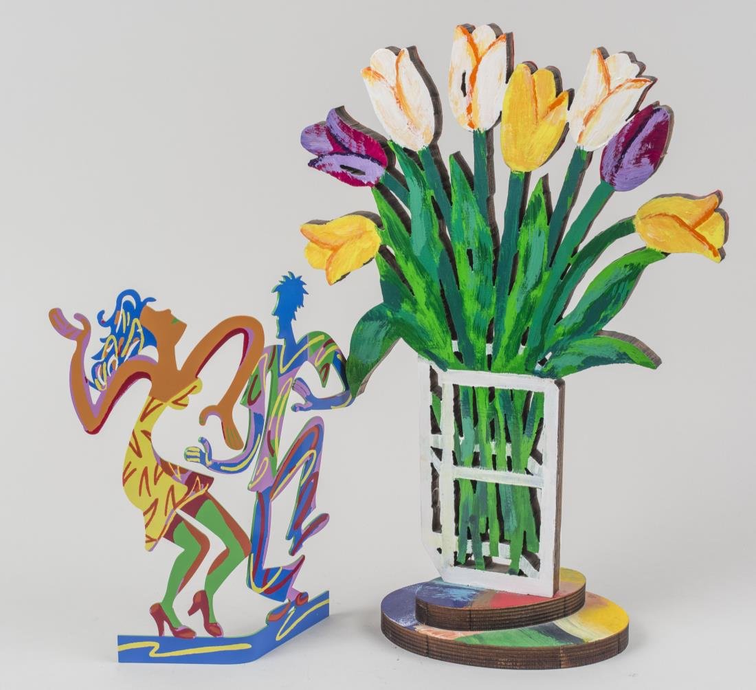 Two David Gerstein (Israeli, b.1944) Sculptures: (1) Pair of Dancers. Serigraph on metal. Signed on base. Height 10 1/2 inches; (2) Vase of Flowers. Acrylic on Wood. Signed and numbered 22/295 near base. Height 17 inches. Notice to bidders: Conditio