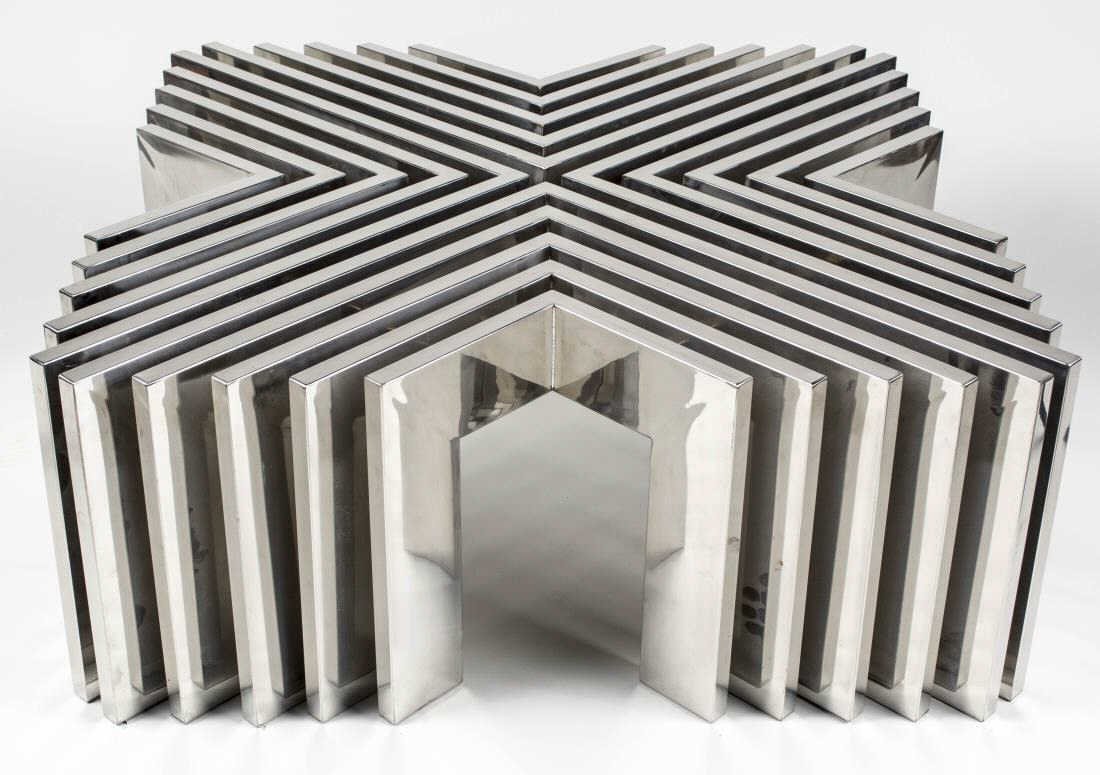Timothy Oulton Chrome Coffee Table: Square top on geometric base. Height 16 inches, 40 inches square. Notice to bidders: Condition reports and additional photographs are provided by request as a courtesy to our clients, as such any cond