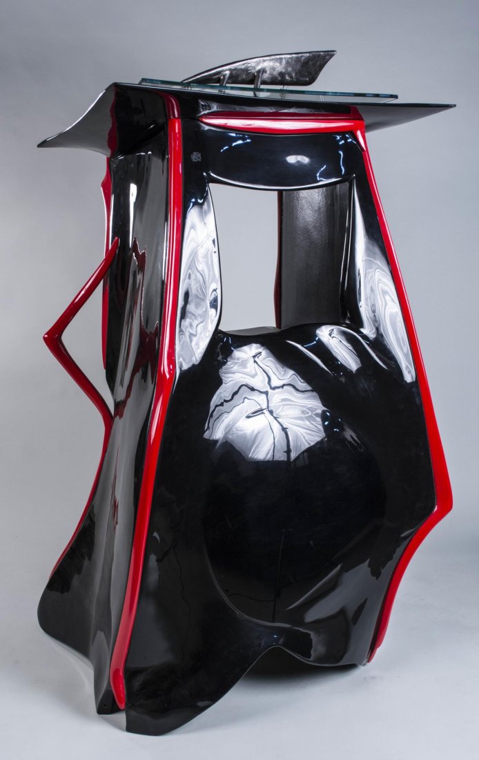 Bernard Duthoy Speaker's Desk: Bernard Duthoy (Belgian b. 1965), black and red lacquered tall desk, inscribed Bernard Duthoy. Height 63 inches, width 37 inches, depth 25 inches. Notice to bidders: Condition reports and additional p