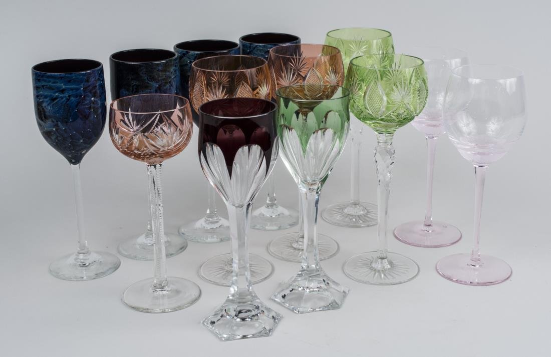 Miscellaneous Group of Stemware: Various makers and patterns, including a set of 4 agate glass goblets, 13 in total. Tallest 8.25 inches. Notice to bidders: Condition reports and additional photographs are provided by request as a co
