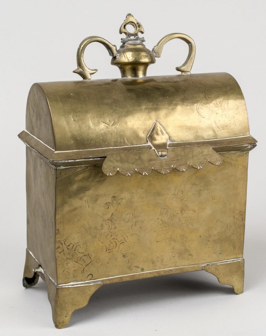 Victorian Style Brass Casket: Domed cover on a rectangular box with bracket feet. Height 13 inches. Notice to bidders: Condition reports and additional photographs are provided by request as a courtesy to our clients, as such any 