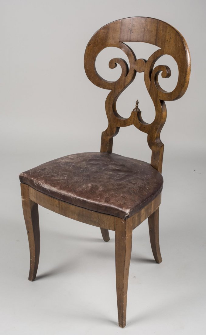 Beidermeier Side Chair: Arched top crest rail, open back with scroll splat, upholstered seat. Height 39 inches, width 19 inches, depth 17 inches. Notice to bidders: Condition reports and additional photographs are provided b