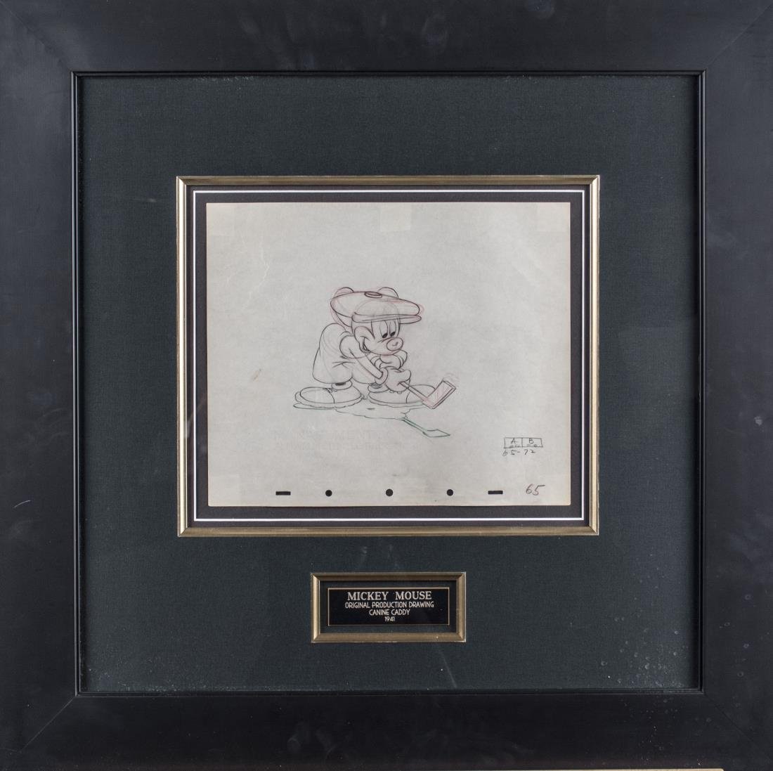 Disney Drawing of Mickey from Canine Caddy: Production drawing of Mickey Mouse from Canine Caddy. Colored pencil and graphite on animation paper, 1941. Certificate of Authenticity from American Royal Arts. Sight size 10 x 11.75 inches. Matted a
