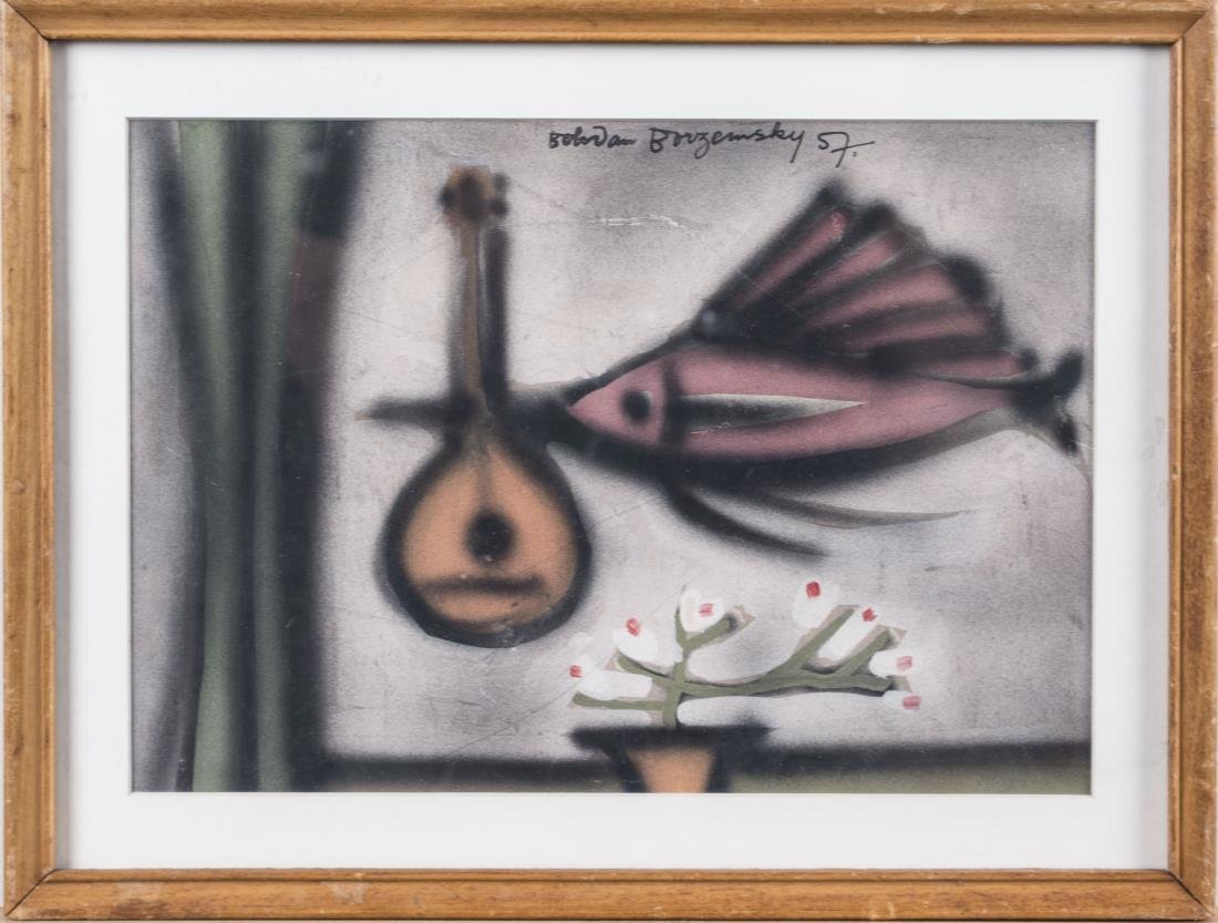 Mid-Century Modern Painting: Abstract still life. Spray paint and acrylic on paper, 1957. Signed 'Borhan Borzemsky' and dated (UC). Sight size 7 x 10 inches, frame size 10 x 12.5 inches. Matted and framed. Notice to bidders: Cond