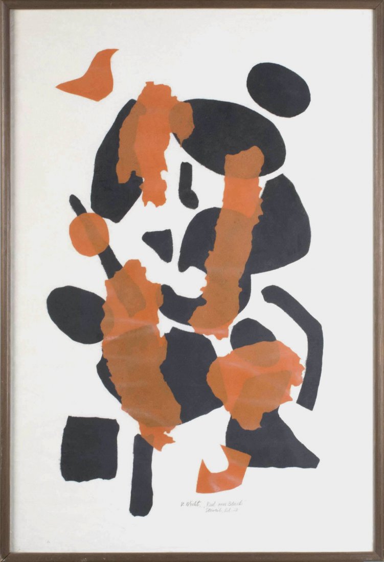 John Von Wicht (German/American, 1888-1970): Untitled. Lithograph and oil on Japan paper, circa 1960s. Signed and inscribed ' Red over black stencils, ed. 20' (LR). Sight size 36.75 x 24.75 inches, frame size 38 x 26 inches. Framed. Notice to bi