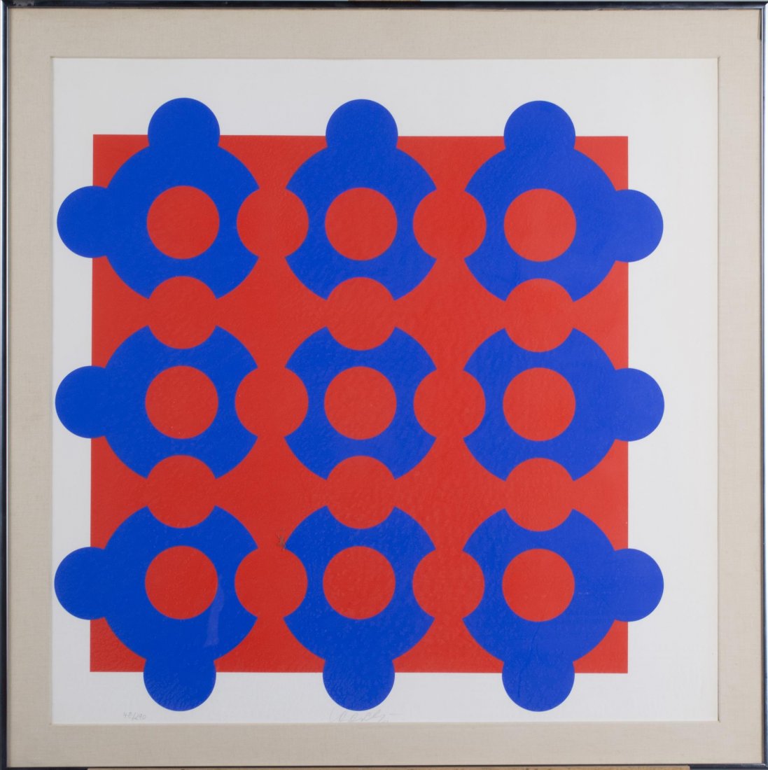 Victor Vasarely (Hungarian/French, 1906-1997): Untitled 16. Screenprint in colors. Signed (LR) and numbered 48/290 (LL). Sight size 24 x 24 inches, frame size 28 x 28 inches. Matted and framed. Notice to bidders: Condition reports and additional p