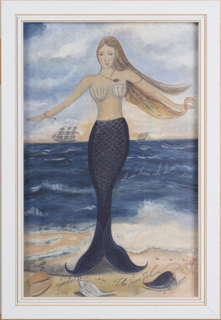 Kolene E. Spicher (American, 20th Century): Here at Dawn and Dusk Mermaid. Signed in plate(LR). Inscribed 'Lovely Sally collecting seashells along the seashore...' Overall size 21.4 x 28.4 inches. Framed. Notice to bidders: Condition reports an