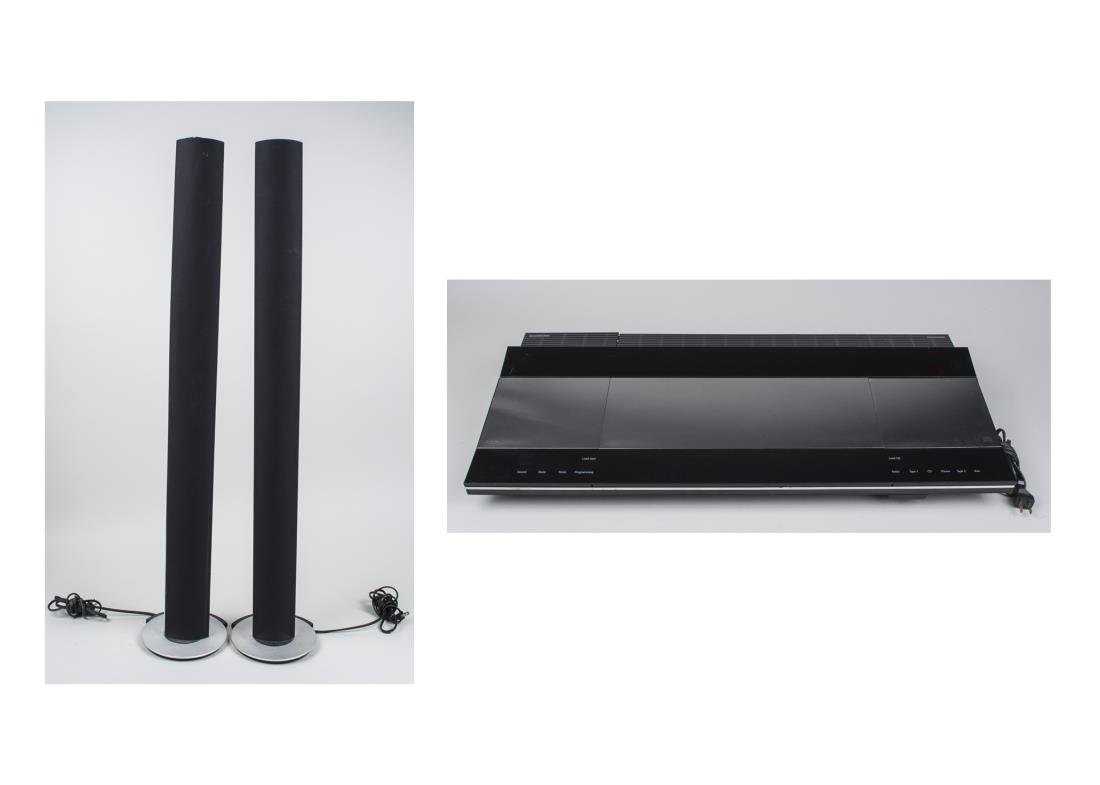 Bang & Olufsen Beocenter 9500: With two speakers. Speaker height 43 1/2 inches. Notice to bidders: Condition reports and additional photographs are provided by request as a courtesy to our clients, as such any condition report is o