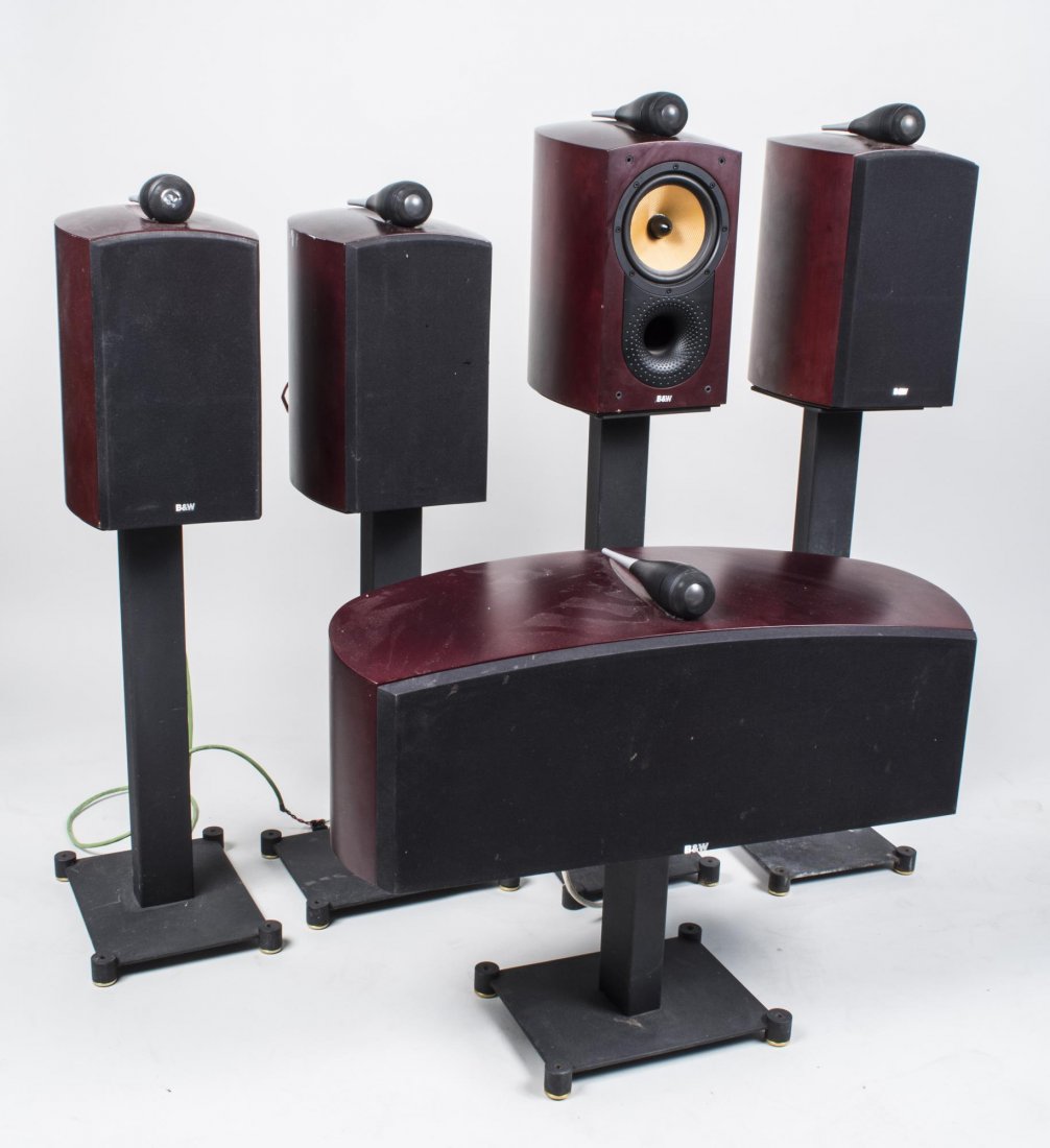Set of Four B&W Nautilus 805 Speakers: Together with a B&W Nautilus HTM1 bar speaker, cherry cases, each with stand. Notice to bidders: Condition reports and additional photographs are provided by request as a courtesy to our clients, as s