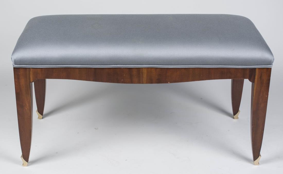 Art Deco Bench: Circa 1930, attributed to Leleu, upholstered seat, mahogany with brass feet. Height 23 inches, width 43 inches, depth 19 inches. Provenance: Karl Kemp & Assoc., Ltd., New York NY. Notice to bidders: C