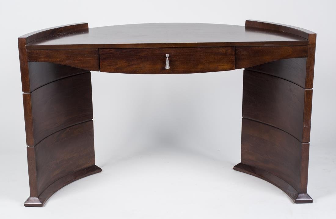 Hammery Mahogany Desk / Console: Design in America line, demilune top over a single drawer on two conforming supports. Height 31 inches, width 52 inches, depth 23 1/2 inches. Notice to bidders: Condition reports and additional photog