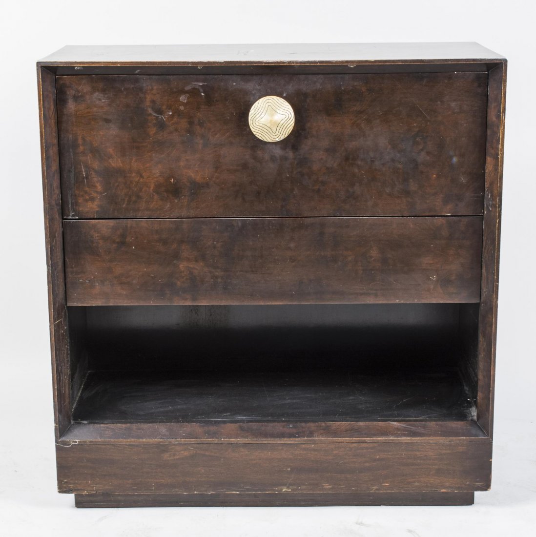 Gilbert Rohde Cabinet: Rectangular top over a fall front door opening to a fitted interior and above an open shelf, plinth base. Height 40 inches, width 41 inches, depth 17 inches. Notice to bidders: Condition reports and a