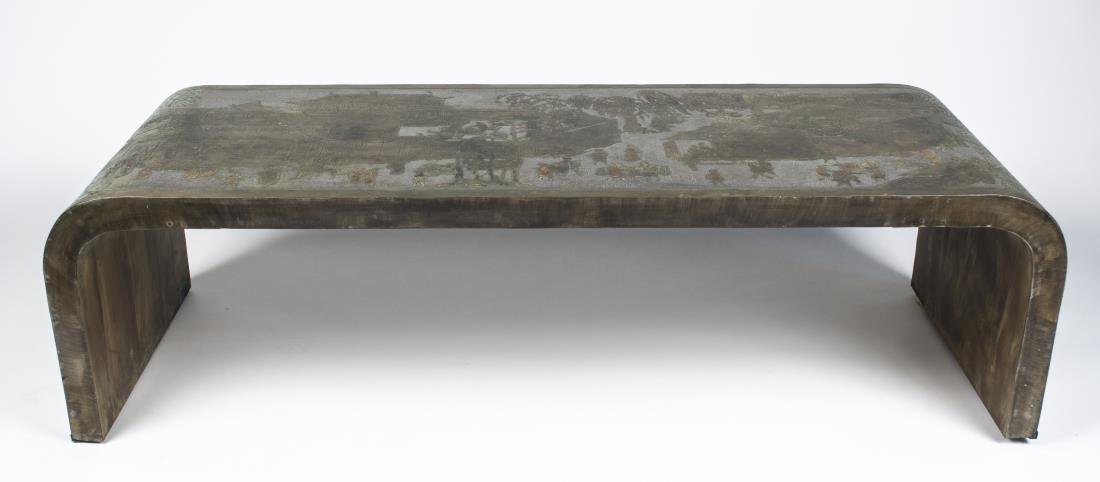 Philip and Kelvin Laverne Waterfall Coffee Table *: Enameled, patinated bronze and pewter. Height 17 inches, width 60 inches, depth 21 inches. Notice to bidders: Condition reports and additional photographs are provided by request as a courtesy to our 
