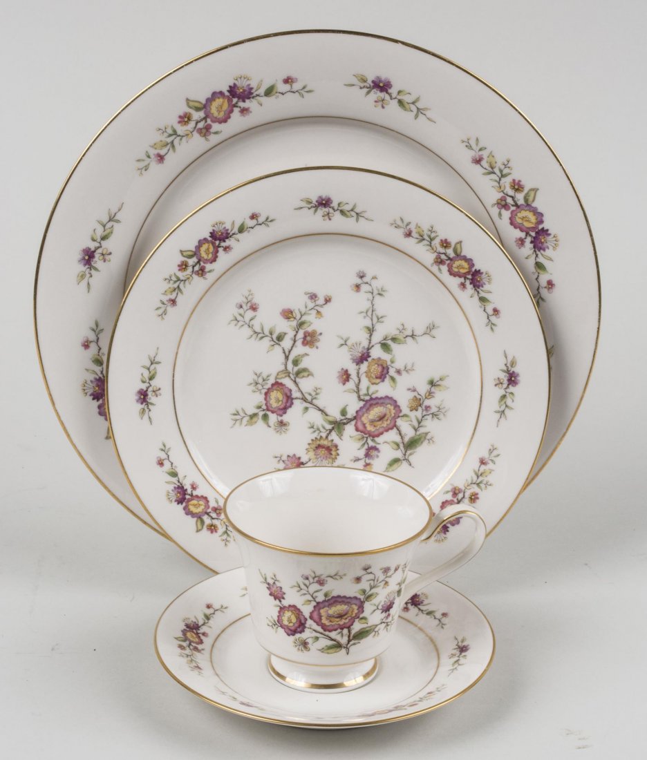 Noritake Porcelain Dinner Service: Approximately eighty-seven pieces, pattern 7151 Asian Song, comprising ten dinner plates, twelve salad plates, twelve bread plates, eleven fruit bowls, twelve bowls, eleven cups, twelve saucers, two o