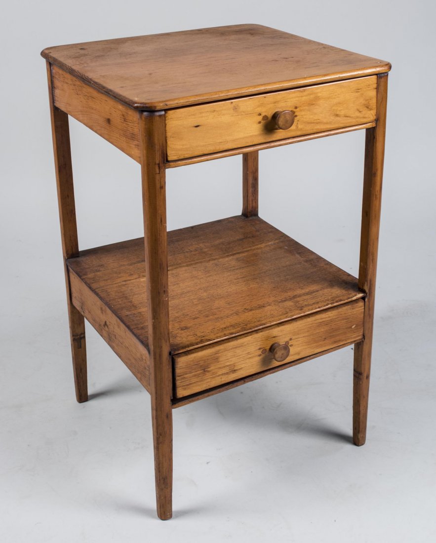 Work Table: 19th century, square top over a drawer on turned supports and a lower shelf and drawer. Height 29 inches, 18 inches square. Notice to bidders: Condition reports and additional photographs are provided