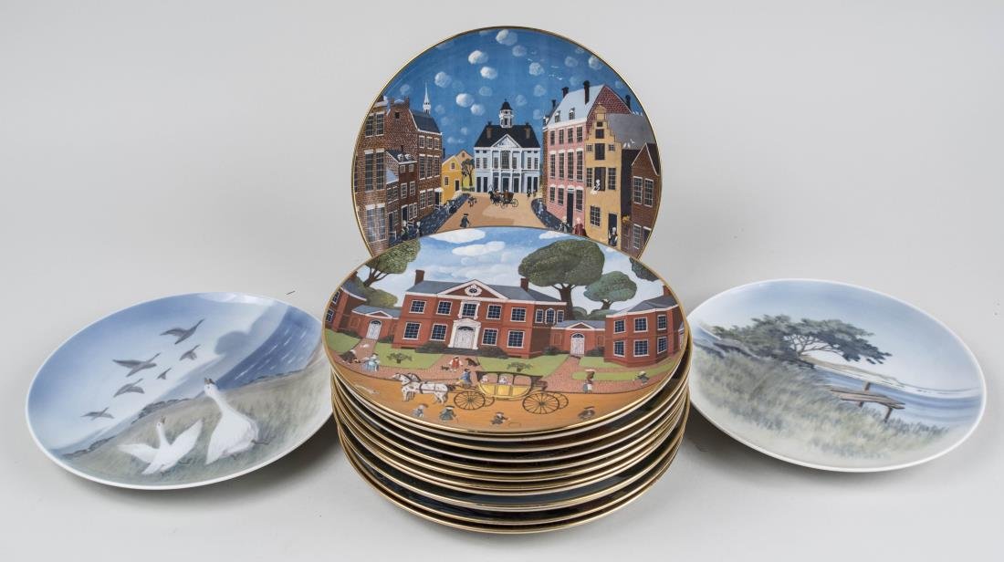 Group of Museum Editions Ltd. Collector's Plates: Thirteen plates from The Colonial Heritage Series, by Ridgewood, each plate depicting a painting by Robert Franke (American, 1928-1985); together with two Royal Copenhagen porcelain display plates. Co