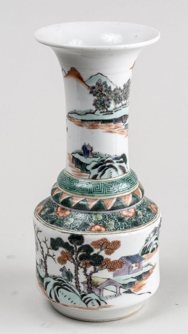 Chinese Porcelain Vase: Everted rim, elongated neck, lappet decorated shoulder, cylindrical body on tapered ring foot, enamel decoration of a mountain landscape, signed on the bottom. Height 9 inches. Notice to bidders: Cond