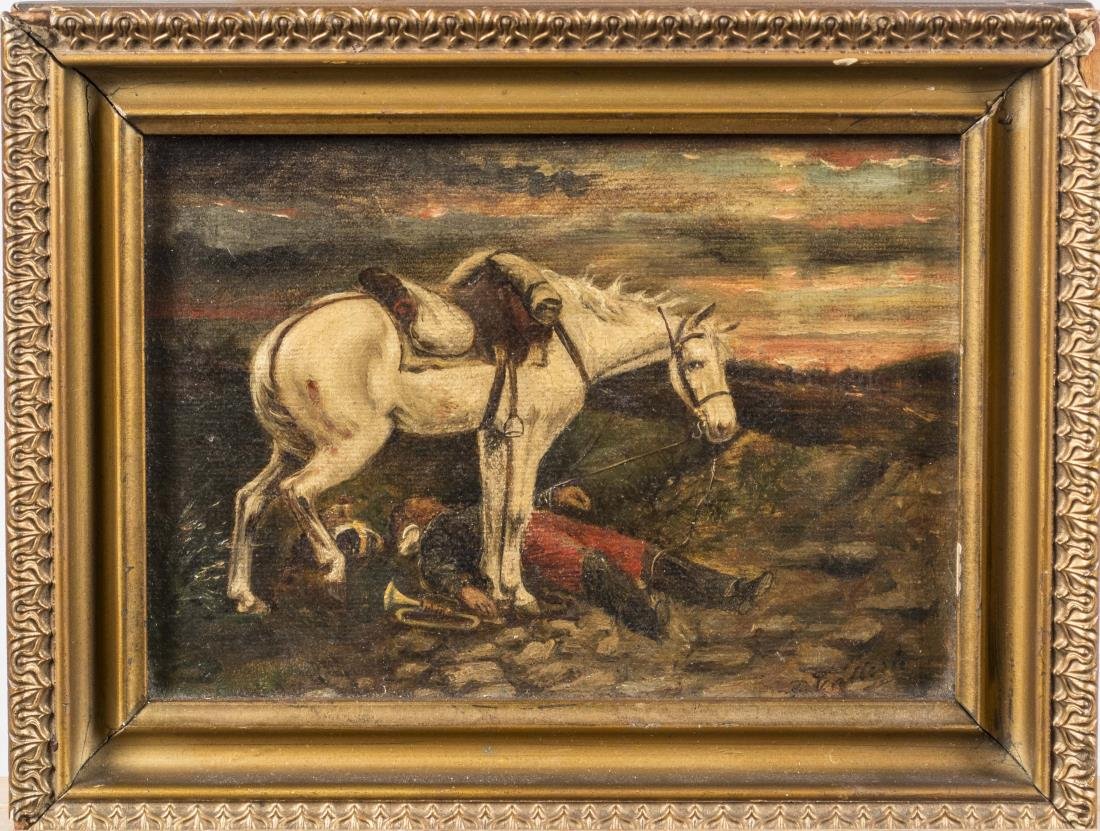 British School, White Horse and Fallen Rider: White horse and fallen soldier. Oil on canvas, 19th/20th century. Signed illegibly (LR). Canvas size 5 x 7 inches, frame size 7 x 9 inches. Framed. Notice to bidders: Condition reports and additional