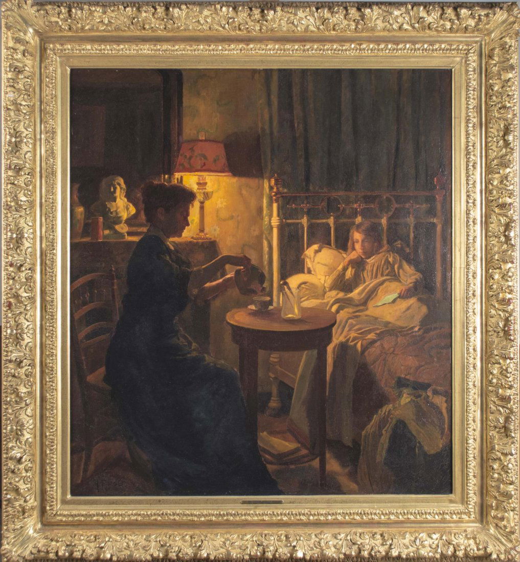 Marcel Rieder (French, 1851-1925): Untitled (Mother sitting by daughter's bed). Oil on canvas, circa 1880. Signed (LL). Frame size 51.5 x 45 inches, canvas size 39.5 x 37 inches. Provenance: JML Antiques Property of a New York Collecto