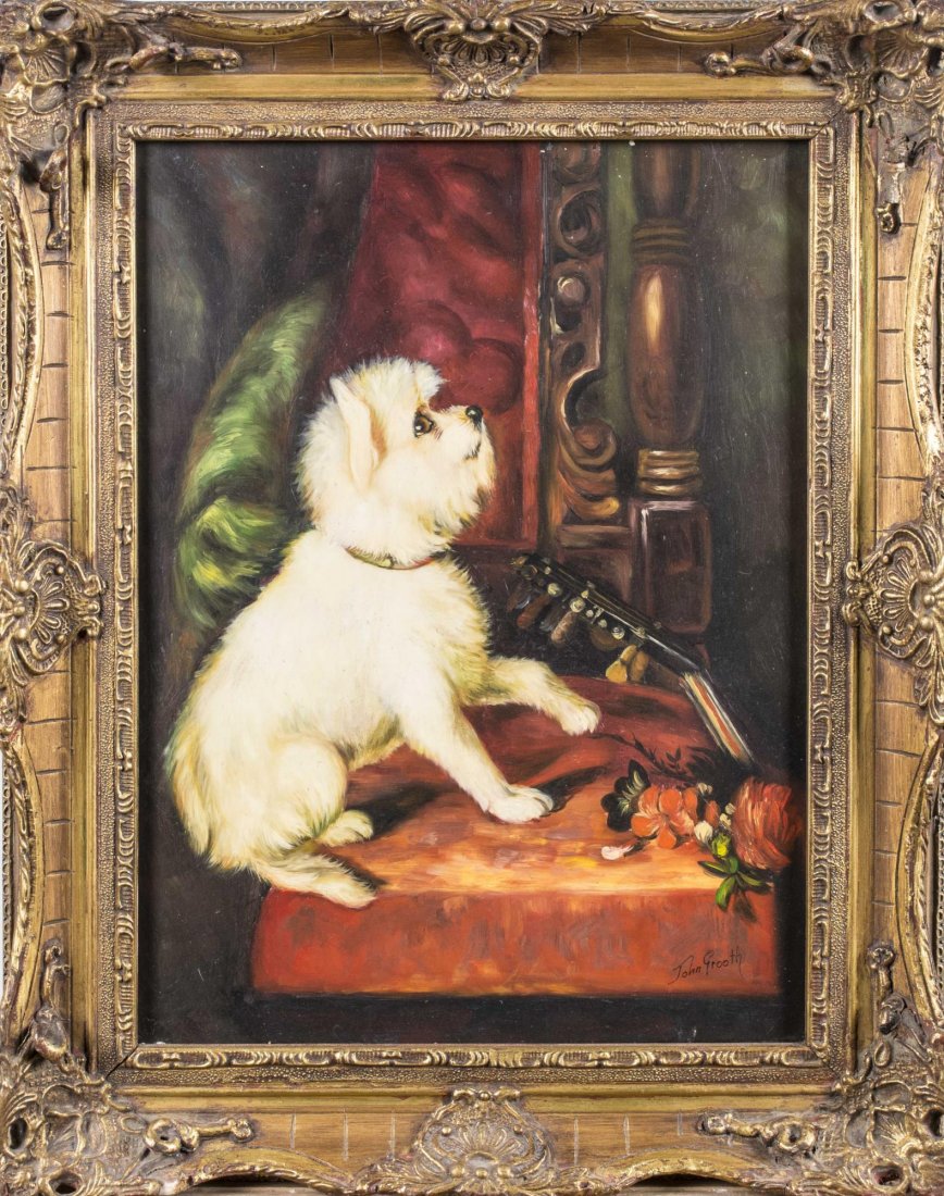 John Grooth (20th Century), Dog Painting: White dog. Oil on board, 19th-20th century. Signed (LR). Sight size 16 x 11 inches, frame size 20 x 16 inches. Framed. Notice to bidders: Condition reports and additional photographs are provided by r