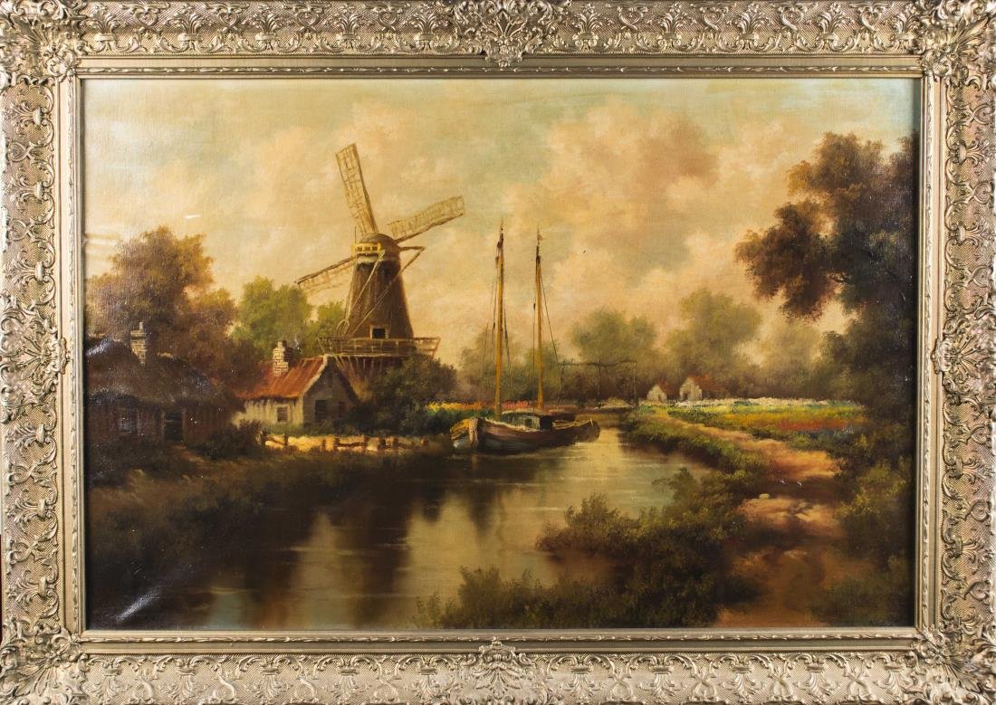 Dutch School (20th Century): Windmill on a river. Oil on canvas, 19th-20th century. Signed 'Cameron' (LL). Canvas size 24 x 36 inches, frame size 30.5 x 42 inches. Framed Notice to bidders: Condition reports and additional photog