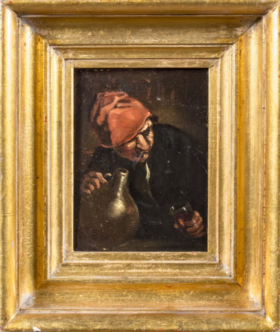 Oil Painting of a Man Pouring Wine: Man with wine. Oil on board, 20th century. Unsigned. Board size 7 x 5 inches, frame size 11 x 9.5 inches. Framed. Notice to bidders: Condition reports and additional photographs are provided by reques