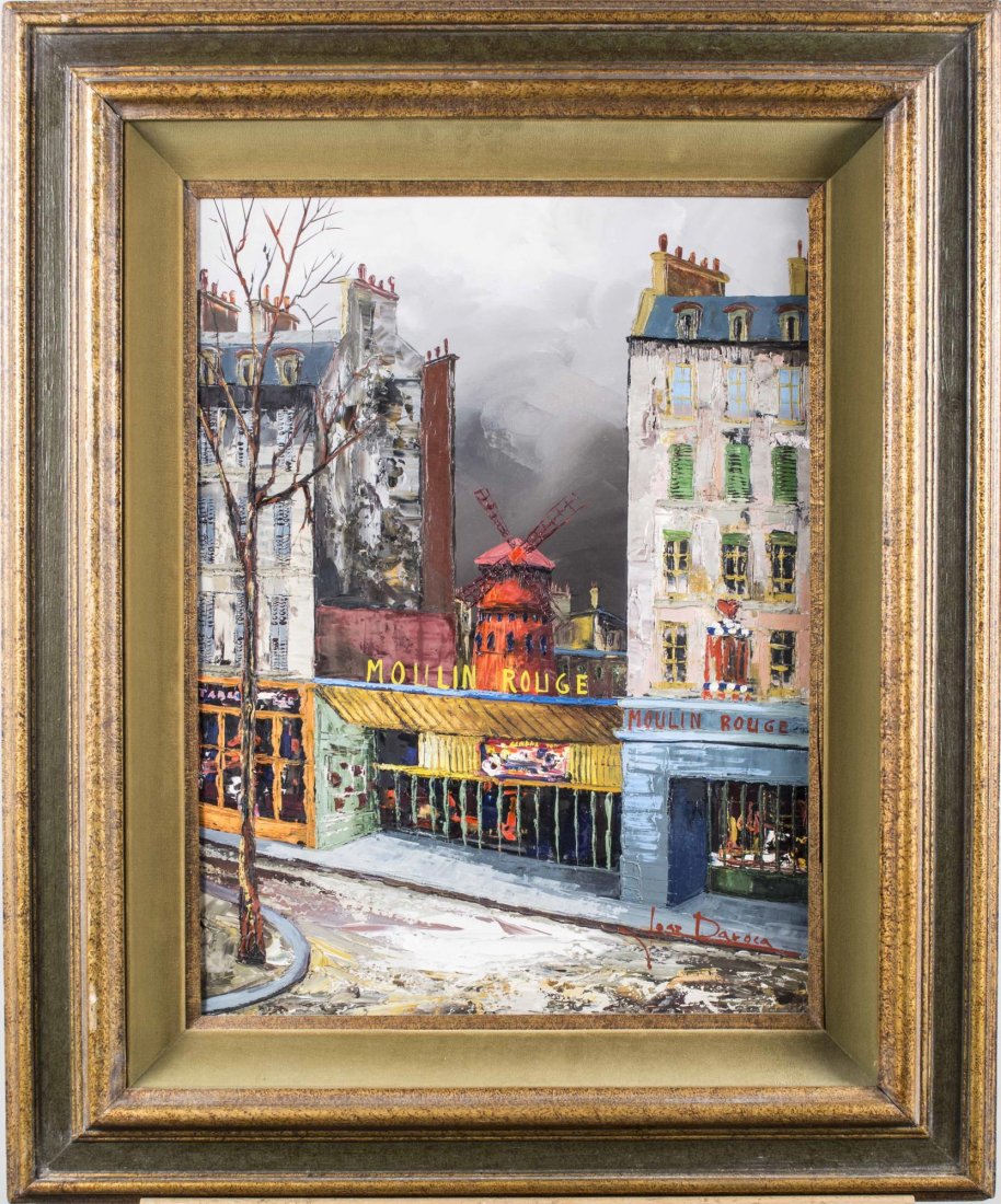 Jose Daroca (Spanish, 20th Century): Le Moulin Rouge. Oil on canvas. Signed (LR) and again on verso. Canvas size 18 x 24 inches, frame size 34 x 28.5 inches. Framed. Notice to bidders: Condition reports and additional photographs are pro