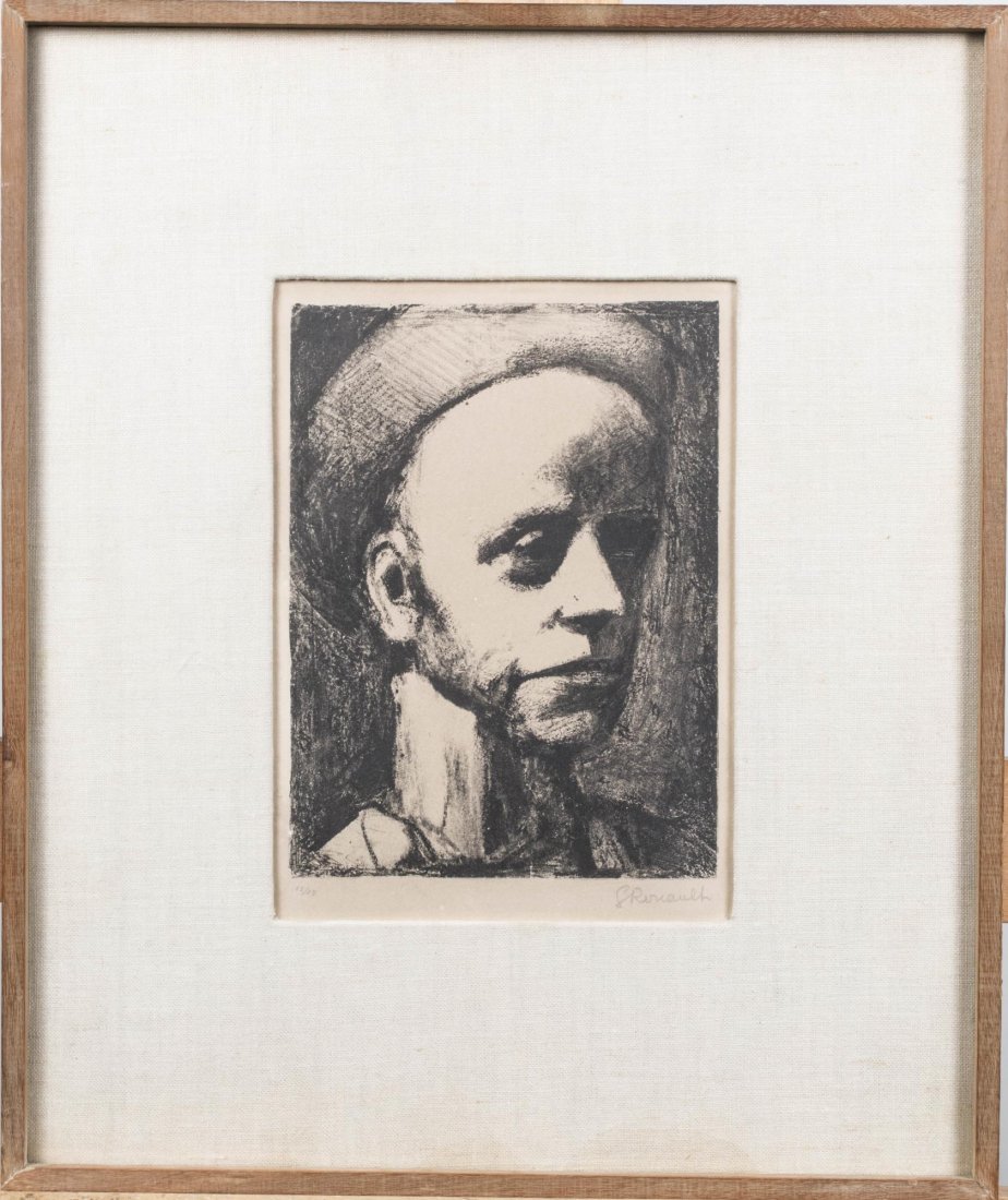 George Rouault (French, 1871-1958): Self-Portrait with Cap. Lithograph, 1926. Signed in plate and in pencil (LR), numbered 15/25 (LL). Image size 9 x 6.7 inches, frame size 15.75 x 10.75 inches. Matted and framed. Notice to bidders: Con