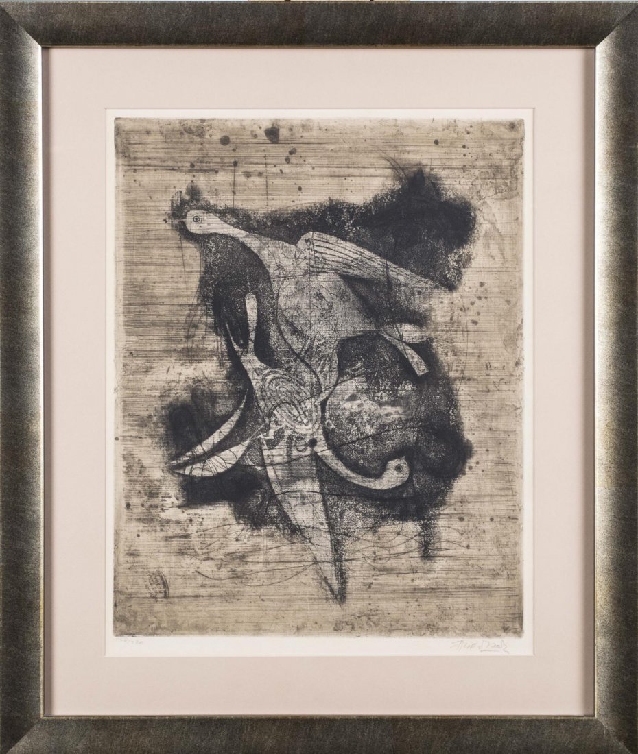 Johnny Friedlaender (German, 1912-1992): Deux Oiseaux I. Etching with aquatint in black brown, 1950. Signed (LR), and numbered 156/220 (LL). Sight size 18.5 x 14 inches, frame size 22.5 x 21.5 inches. Matted and framed. Notice to bidders: Co