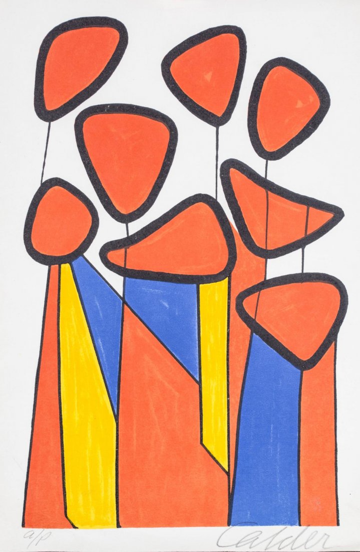 Alexander Calder, Squash Blossoms Lithograph: Alexander Calder (American, 1898-1976). Composition (Squash Blossoms). Lithograph, 1973 . Signed 'Calder' (LR) and AP of 100 (LL). Sheet size 13.2 x 8.9 inches. Unframed. Notice to bidders: Condition