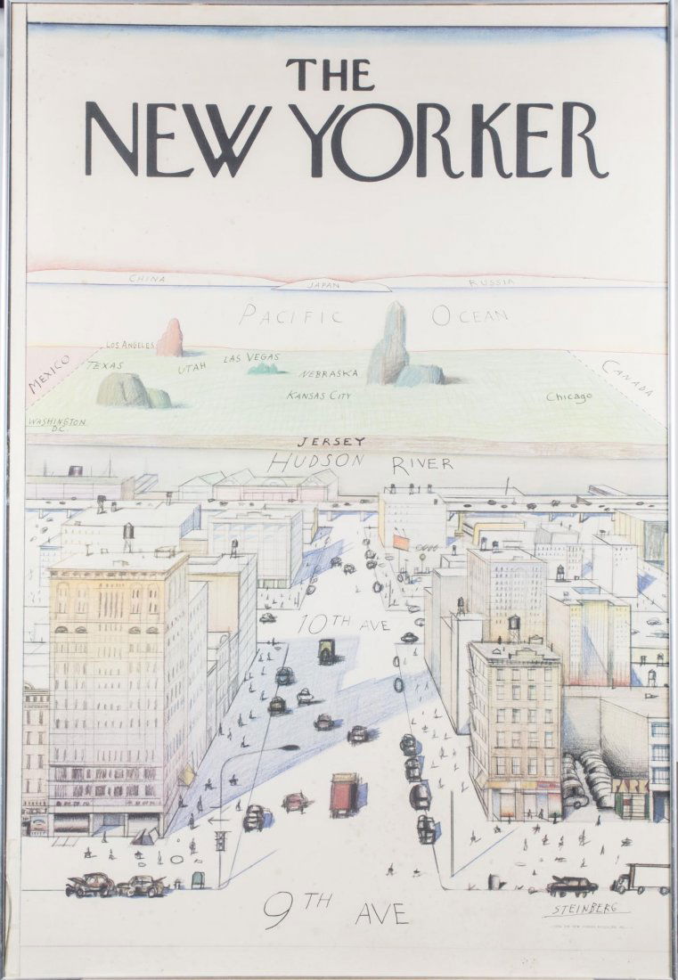 Saul Steinberg New Yorker Poster: View of the World from 9th Avenue (sometimes A Parochial New Yorker's View of the World, A New Yorker's View of the World or simply View of the World). Originally a 1976 illustration by Saul Steinberg