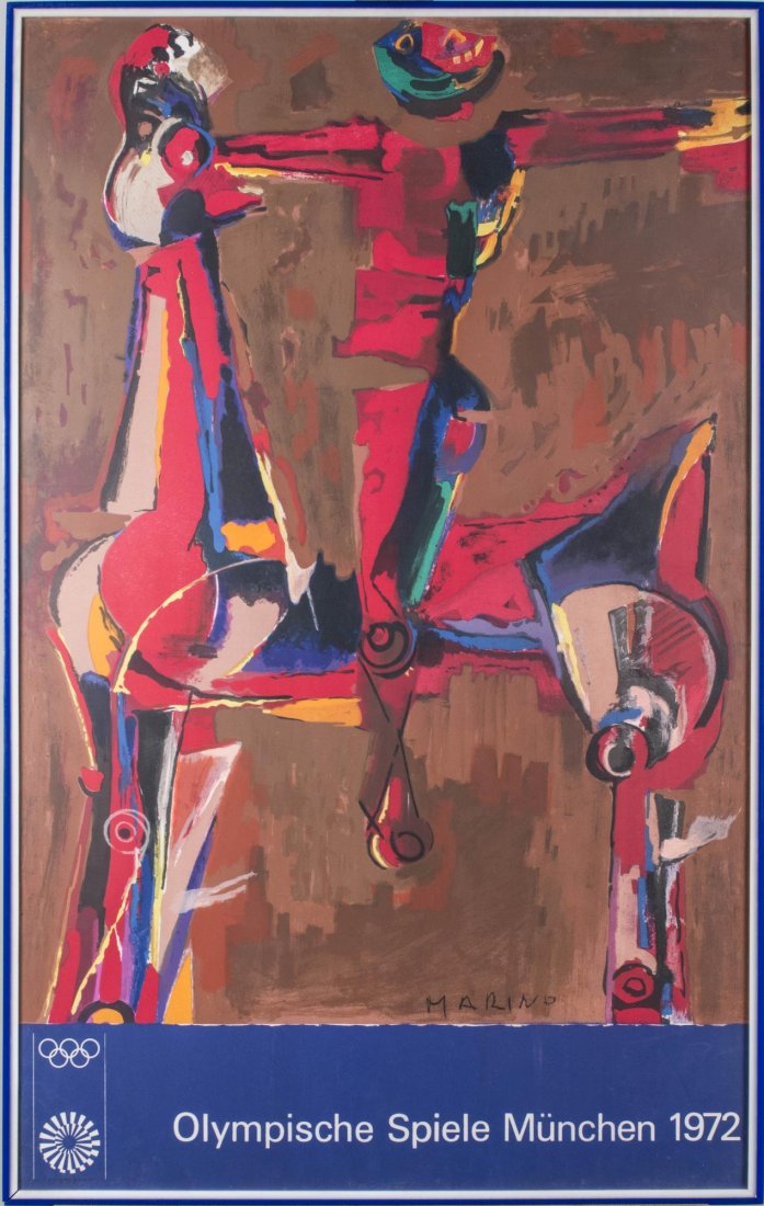 Marino Marini, 1972 Munich Olympics Poster: Marino Marini (Italian, 1901-1980), Olympische Spiele MÃ¼nchen. Lithographic poster printed in colors, 1972. Published by Editions Olympia. Printed by Mourlot, Paris. Sheet size 40 x 25 inches. Fram