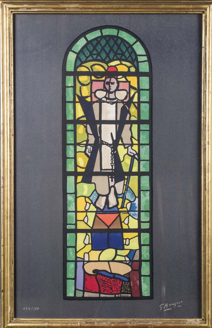 Georges Braque, Stained Glass Window Print: Georges Braque (French, 1882-1963), Sketch of a Stained Glass Window: Heiliger. Lithograph in colors on Velin d'Arches paper. Signed in plate, signed in ink (LR) and numbered 7/150 (LL). Published by 