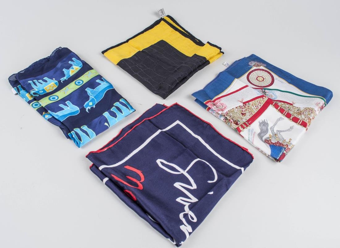 Hermes & Other Scarfs: Various other designers including Symphony, FIT Givenchy and Falchi, etc. Hermes scarf, 17 inches. Notice to bidders: Condition reports and additional photographs are provided by request as a courtesy