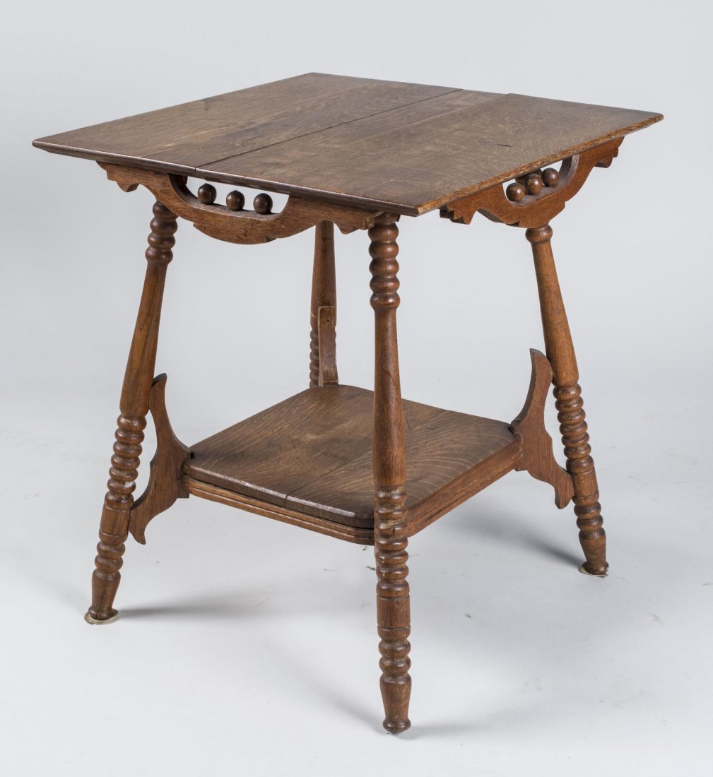 Vintage Oak Lamp Table: Square top on turned legs joined by a conforming medial shelf. Height 27 inches, 24 inches square. Notice to bidders: Condition reports and additional photographs are provided by request as a courtesy