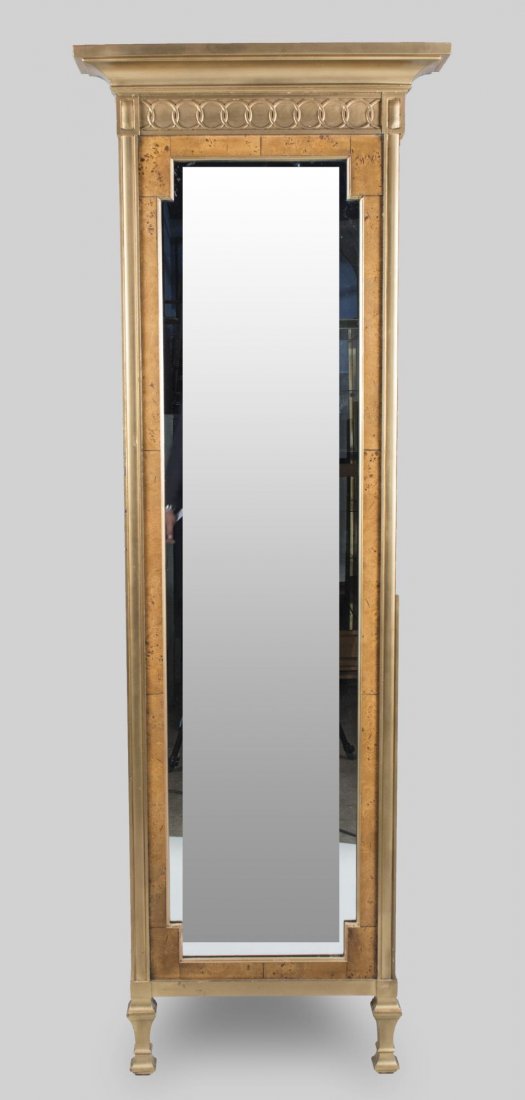 Gilt Wood Pier Mirror: Molded cornice over a rectangular plate. Height 6 foot 8 inches, width 27 inches. Notice to bidders: Condition reports and additional photographs are provided by request as a courtesy to our clients, 