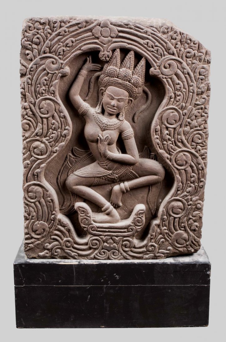 Cambodian Architectural Element: Carved figural decoration. Height 27 inches, width 16 inches, depth 6 inches. Notice to bidders: Condition reports and additional photographs are provided by request as a courtesy to our clients, as s